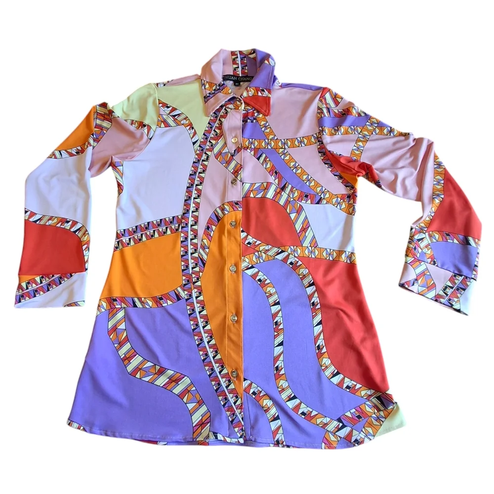 Julian Chang Designer Multicolor  Button-up Long Sleeve Blouse Women Size Medium - Picture 2 of 15